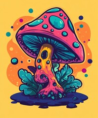 Vibrant Colorful Mushroom with Bright Spots on a Yellow Background