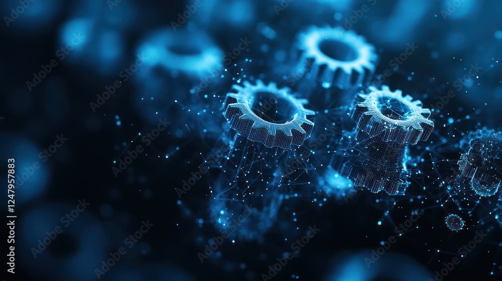 Poster glowing gears interconnected by network nodes.