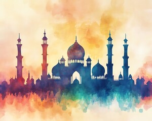 Watercolor Mosque Silhouette at Sunset