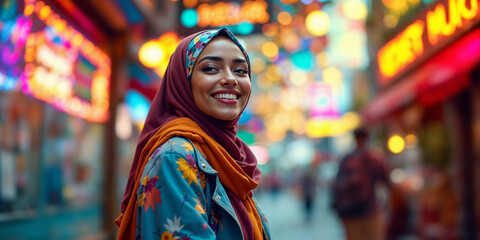 Fototapeta premium Beautiful muslim woman isolated against a city background business woman smiling in front of an office buildings. Young woman wearing a hijab. generative AI
