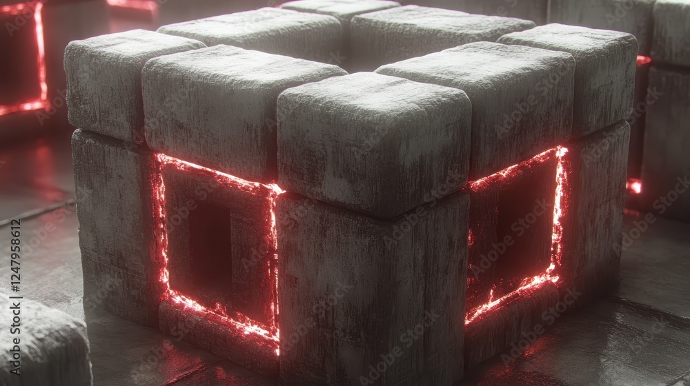 Poster Abstract Red Glowing Cube Stone Blocks Structure 3D Render Digital Art