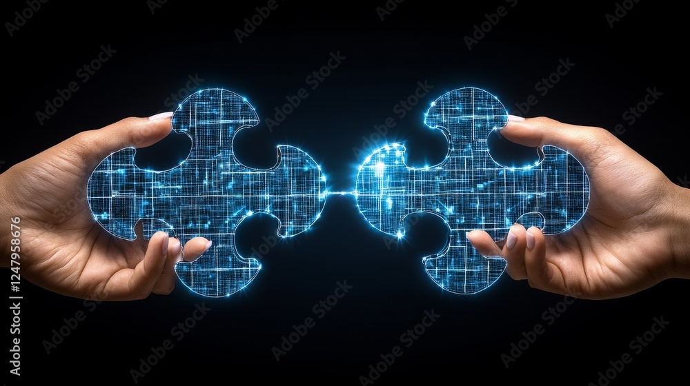 Aufkleber digital puzzle pieces connection abstract technology concept hands holding futuristic data network