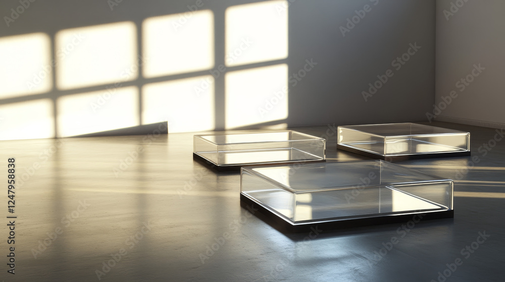 Poster square shadows overlay effect and open box mock up with lid top view. realistic transparent shades s