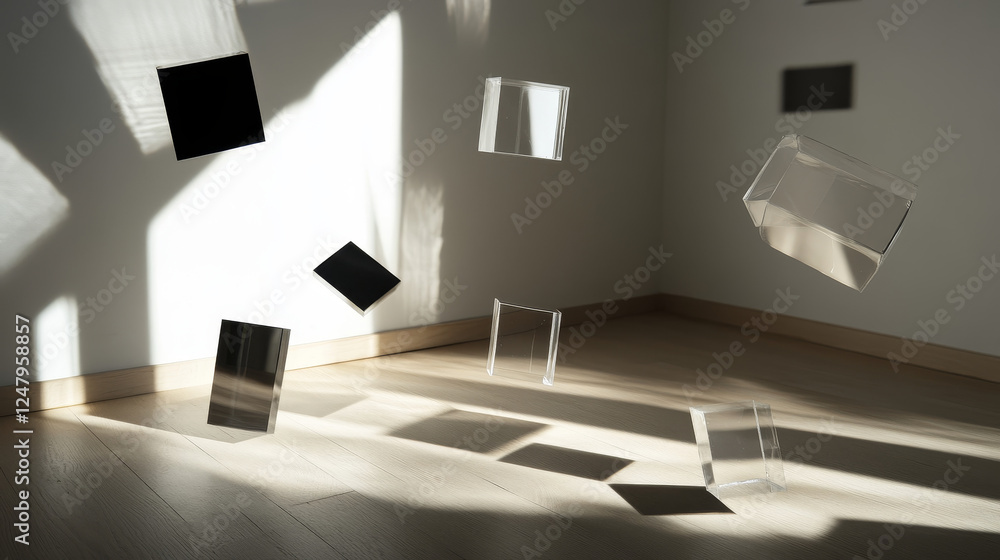 Poster square shadows overlay effect and open box mock up with lid top view. realistic transparent shades s