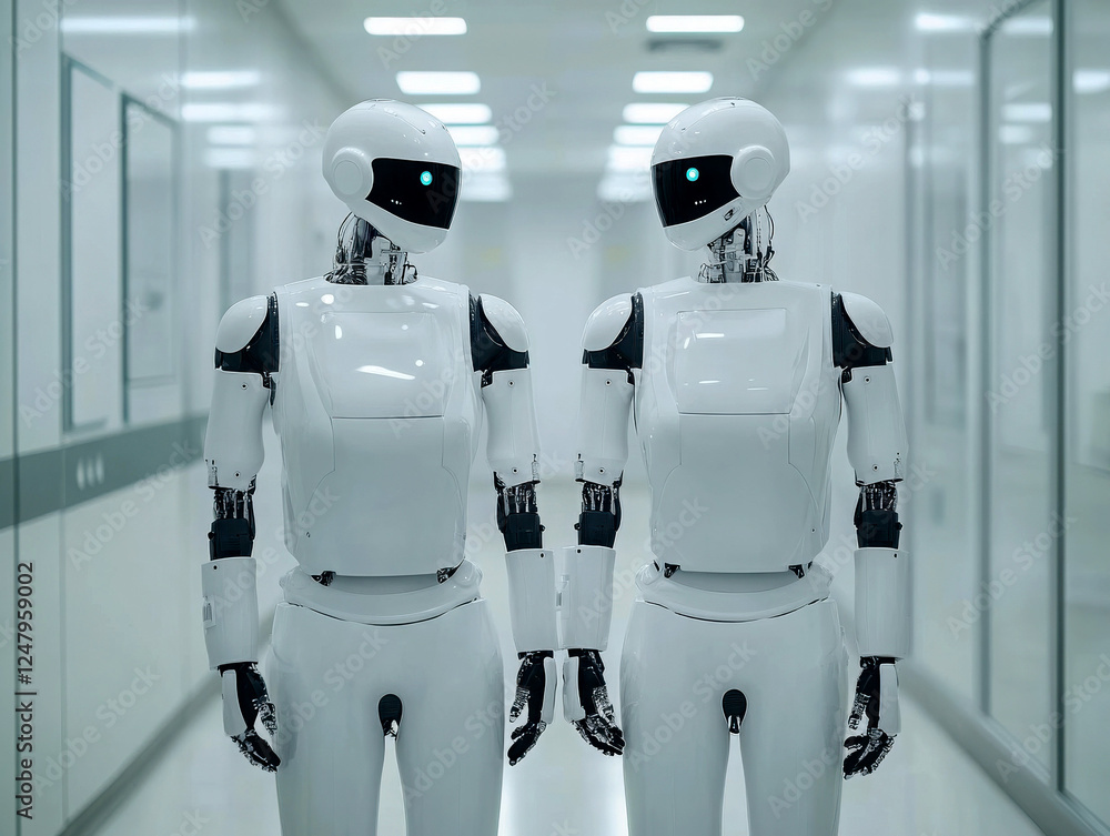 Poster two advanced humanoid robots in a modern environment.