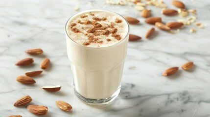 Creamy and Refreshing Almond Smoothie or Milkshake Drink Served in a Glass on a Marble Table with Cinnamon Spice and Nuts  Healthy and Protein Rich Breakfast or Snack Option