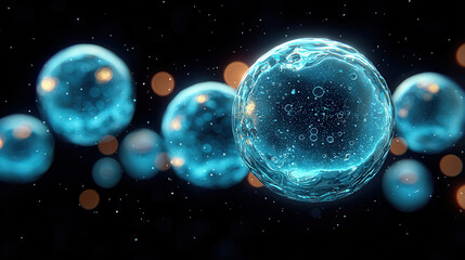 A stunning visualization of microscopic cells in vibrant blue hues, showcasing the complexity of cellular structures against a dark background. Copy space for text