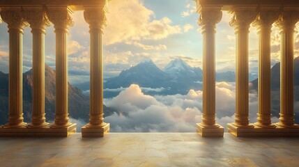 Golden Columns and Majestic Mountain View: A Serene Panorama