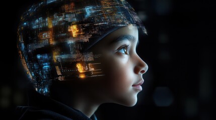 Child's profile with futuristic digital overlay.