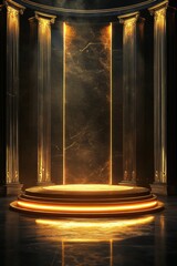 Illuminated Stage, Marble Pillars, Golden Podium, Dark Room, Product Display
