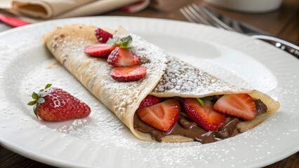 Indulge in decadent chocolate strawberry crepes at a cozy , close-up gourmet dessert in a warm atmosphere