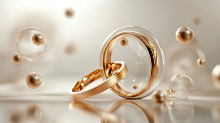 3d romantic composition with golden wedding bands behind glass circle on soft beige background with space for text. Metallic sphere elements float around rings for matrimonial invitation design.