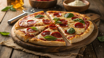 Delicious pepperoni pizza kitchen food photography rustic setting close-up culinary delight