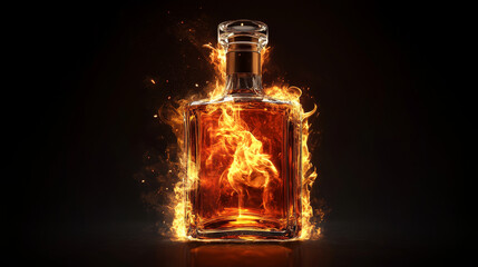 Cognac bottle in fire advertising banner. Closed burning glass blank flask with strong alcohol drink on black background with flame, beverage ad. Realistic 3d vector illustration, promo poster mock up