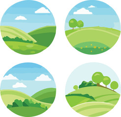 Fototapeta premium Green Hills and Scenic Landscapes | Nature Illustration Set