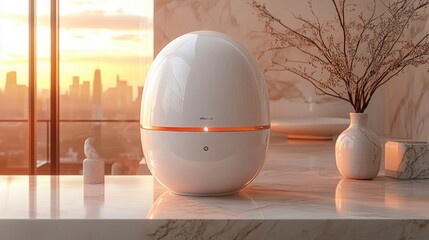 Elegant White Egg Shaped Diffuser on Marble Surface at Sunrise Modern Home Decor