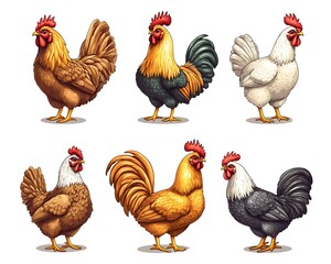 Poultry Variety Set, Farm Animals, Isolated on White