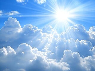 Radiant sun through fluffy clouds