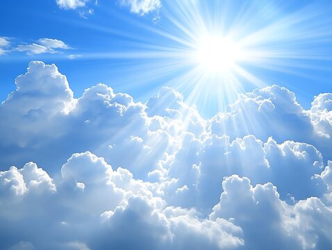 Radiant sun through fluffy clouds