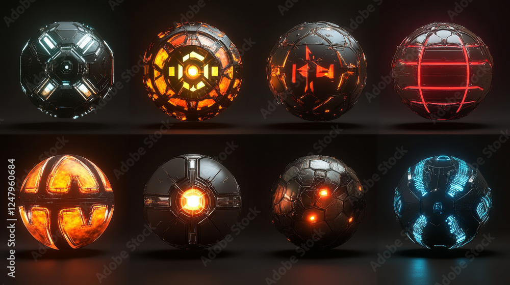 Poster 3d neon tech sphere collection with glowing effects - futuristic dotted orb, geometric wireframe glo