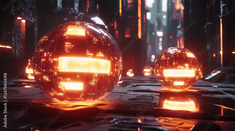Poster 3d neon tech sphere collection with glowing effects - futuristic dotted orb, geometric wireframe glo