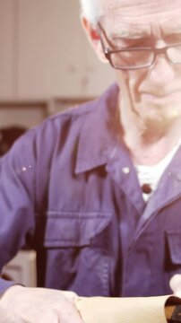 Shoemaker marking a piece of leather on shoe last