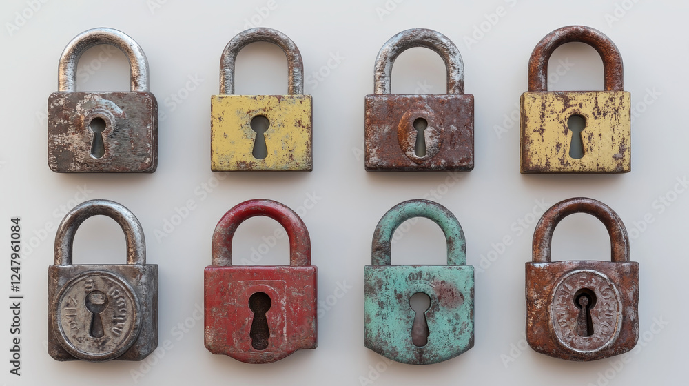 Aufkleber closed and unlock of pad lock with key. realistic 3d vector illustration set of safety and secure sy