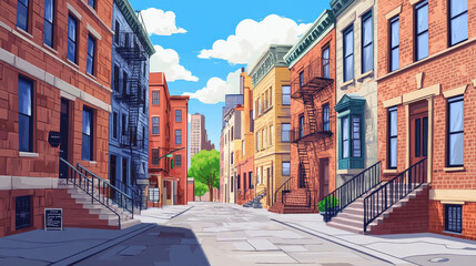 Obraz premium Old city back alley street cartoon vector background. Brick wall neighborhood house ghetto landscape illustration for game. Empty sunny cityscape with cafe entrance and stairs. Nyc home backstreet