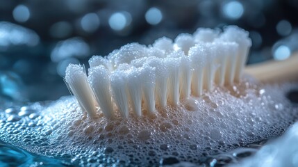 Cleaning Brush in Soapy Water Close up Macro Shot of Bristles and Bubbles