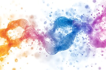 Abstract DNA chain, vibrant colors, white background,  scattered particles