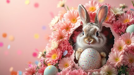 Dive into our lavish Easter arrangement Overhead vertical picture of blooming chrysanthemums, confetti, and bunny ears poking out of a cracked egg on a pastel pink background