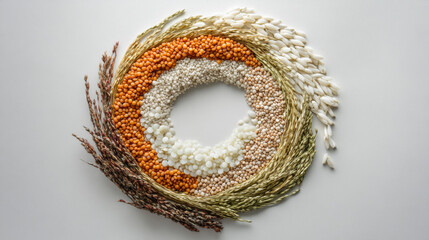 minimal composition of various grains and legumes arranged in circular pattern, showcasing colors and textures. This artistic display highlights beauty of natural food ingredients