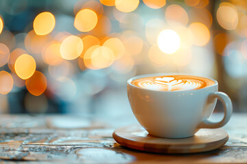 Obraz premium Close up coffee cup with Rosetta shape latte art on wood tab on bokeh decent cafe background