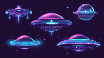 Flying ufo saucer animation sprite sheet effect. Alien spaceship sequence frame, unidentified flying object in shape of disk with glass dome and lights ui graphic design elements, Cartoon vector set