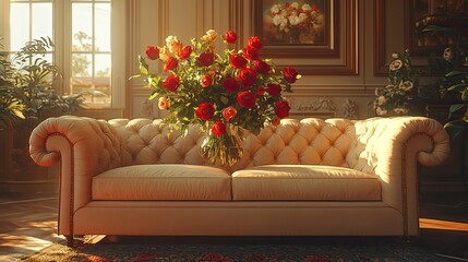 Elegant Roses on a Chesterfield Sofa: Luxurious Home Interior Design