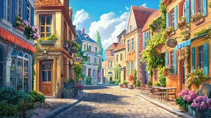 Fototapeta premium Charming European Village Street Scene: A Sunny Day in a Quaint Town