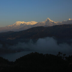 Annapurna South and Machapuchare seen from a place above Begnas Tal, Nepal.