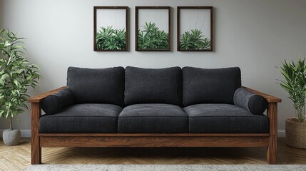 Modern Dark Sofa in Stylish Living Room Interior Design. Comfortable Couch with Wooden Frame and Green Plants Decor