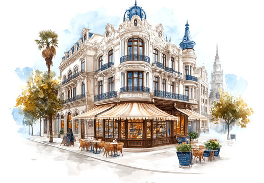 Fototapeta A street scene with a cafe and a building with a balcony. The cafe has awnings and awnings over the tables