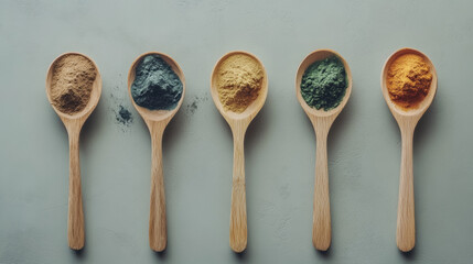 Natural superfood powders displayed in wooden spoons, including spirulina, maca, and turmeric, create vibrant and healthy aesthetic