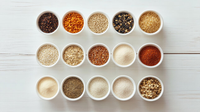 Overhead view of selection of various grains and spices in small white bowls, showcasing colorful and diverse array of textures and colors