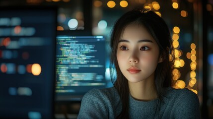 Young woman programmer working late at night, focused on code on her computer screen.