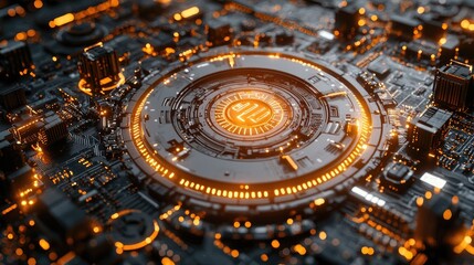 Abstract Futuristic Technology Circuit Board: Glowing Orange Lines and Dark Background. Cyberpunk Sci-Fi Digital Innovation Design