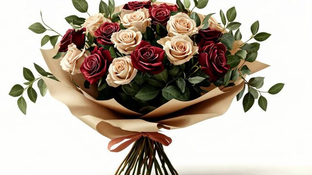 Beautiful bouquet of red and cream roses wrapped in elegant paper and tied with twine