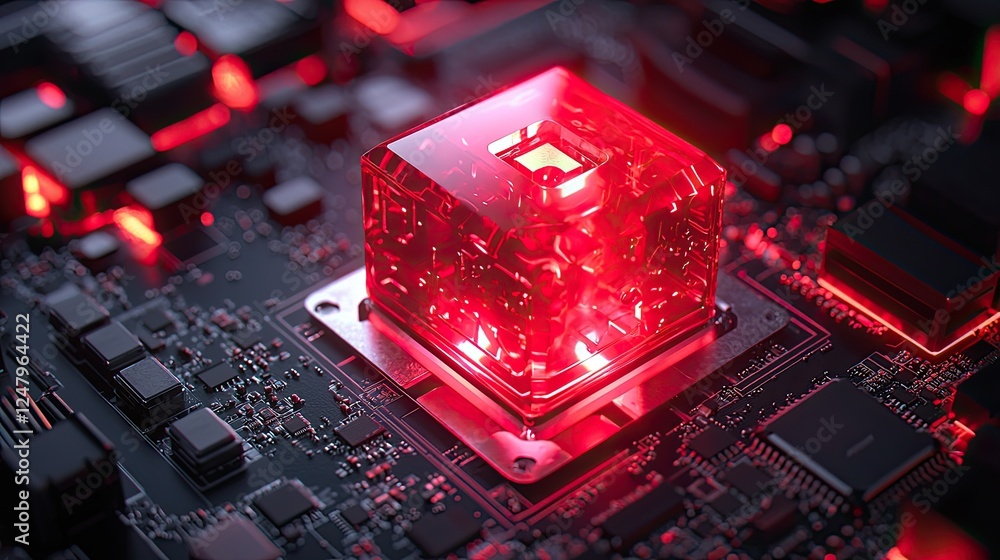 Aufkleber close-up view of a red glowing computer chip on a circuit board, showcasing intricate details and te