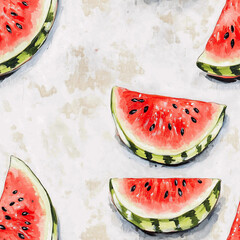 Slice of watermelon on white background with watercolor painting.