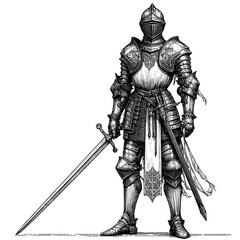 Fototapeta premium Knight with two-handed sword, full armor, line sketch engraving, black and white