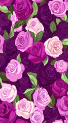 Seamless floral pattern with vibrant roses and green leaves