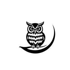 Black and White Owl Silhouette on a Branch with Crescent Moon Background