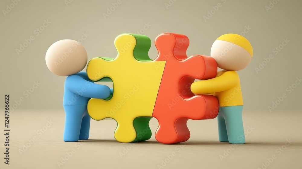 Poster collaborative teamwork puzzle pieces connection unity partnership success 3d render